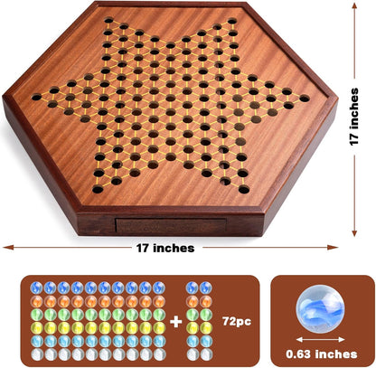 VAMSLOVE Large 17" Chinese Checkers Board Game for 2-6 Player Wooden Game Board, 16mm 60+12 Colorful Glass Marbles, Easy Grasping for Adults and Kids, w/Storage Drawer, Fun for Family Gathering