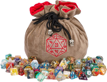 Large Dice Bags D&D with Pockets Khaki Storage Bag D20 Logo for DND RPG Game (with 1lb Random DND Dice)
