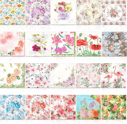 Crtiin 20 Pack Assorted Floral Napkins for Decoupage Toilet Napkins Flower Cocktail Decorative Paper for Birthday Party Beautiful Gorgeous, 20 Styles Each 6.5 inches(Style 3)