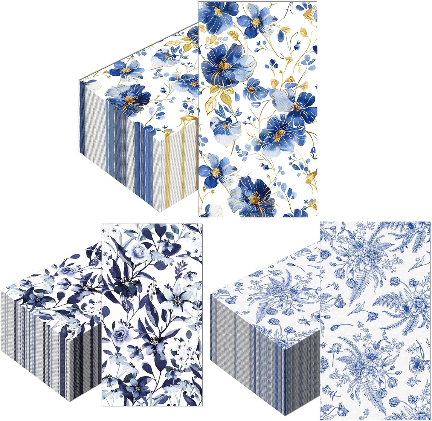 60 Pack 3 Styles Blue Floral Napkins for Decoupage Toile Napkins Flower Cocktail Decorative Paper for Birthday Party Beautiful Gorgeous, 12.9 * 15.7 inch
