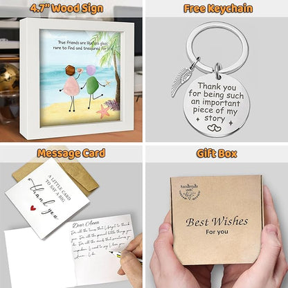 Friendship Birthday Gifts for Women, 4.7" Sea Glass Art Frame Best Friend Wall Art Decor, Engraved Bestie Keychain, Thank You Card, Appreciation Presents for Her Sisters, Friends, BFF, Besties S94-47