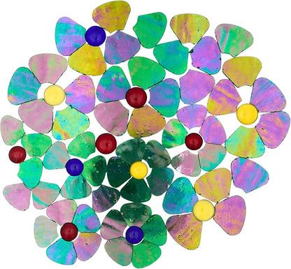 Yuvori Iridescent Flower Mosaic Tiles – 12pcs Mixed Sizes, 5-Petal Iridescent Mica Flowers with Center Beads for DIY Mosaic Art, Fairy Garden, Home Craft, Outdoor Decor (Iridescent Green)