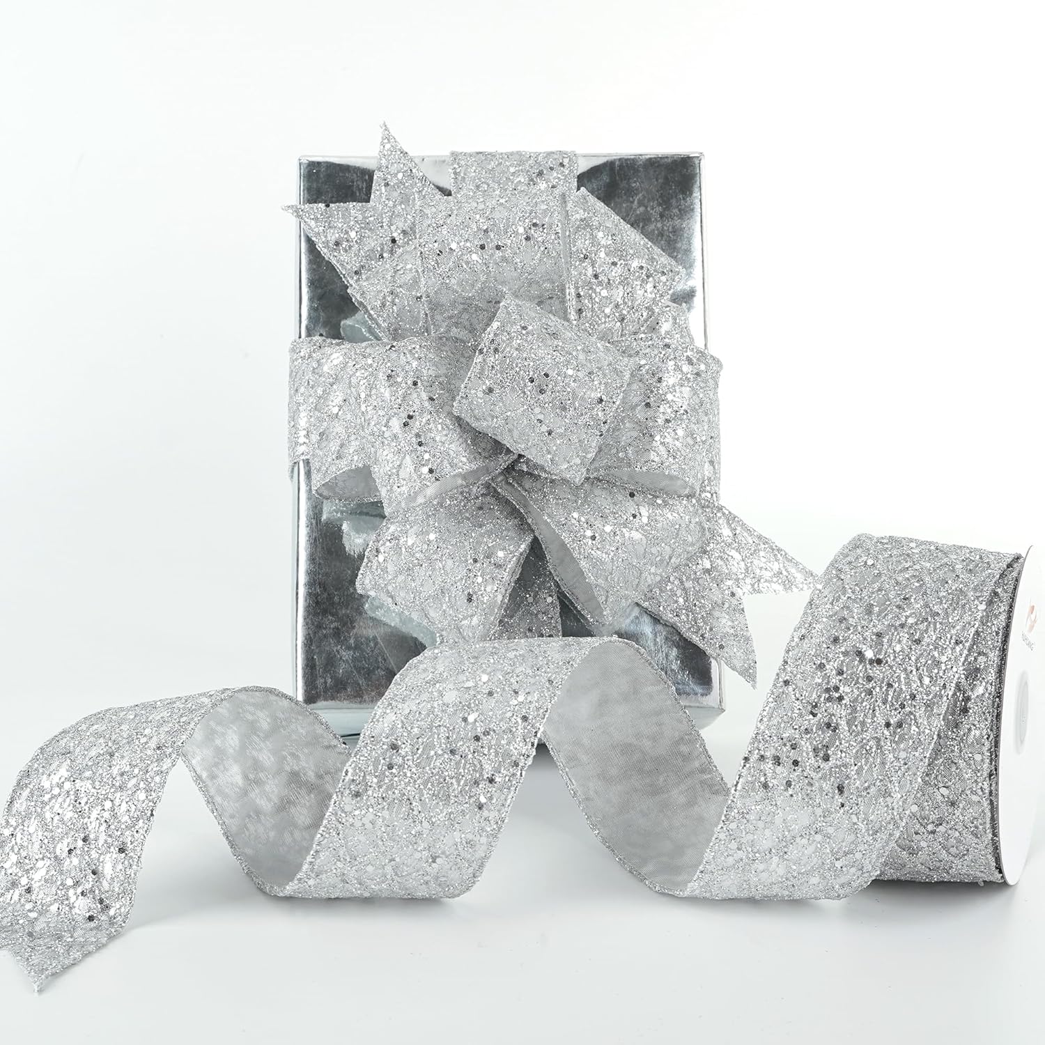 HUIHUANG Silver Glitter Wired Ribbon for Christmas Tree 2.5 inch Silver Diamond Mesh Ribbon for Tree Decoration, Wreaths, Garland, Gift Wrapping, Large Bows Making, Home Decor -10 Yards - Crafty Corner