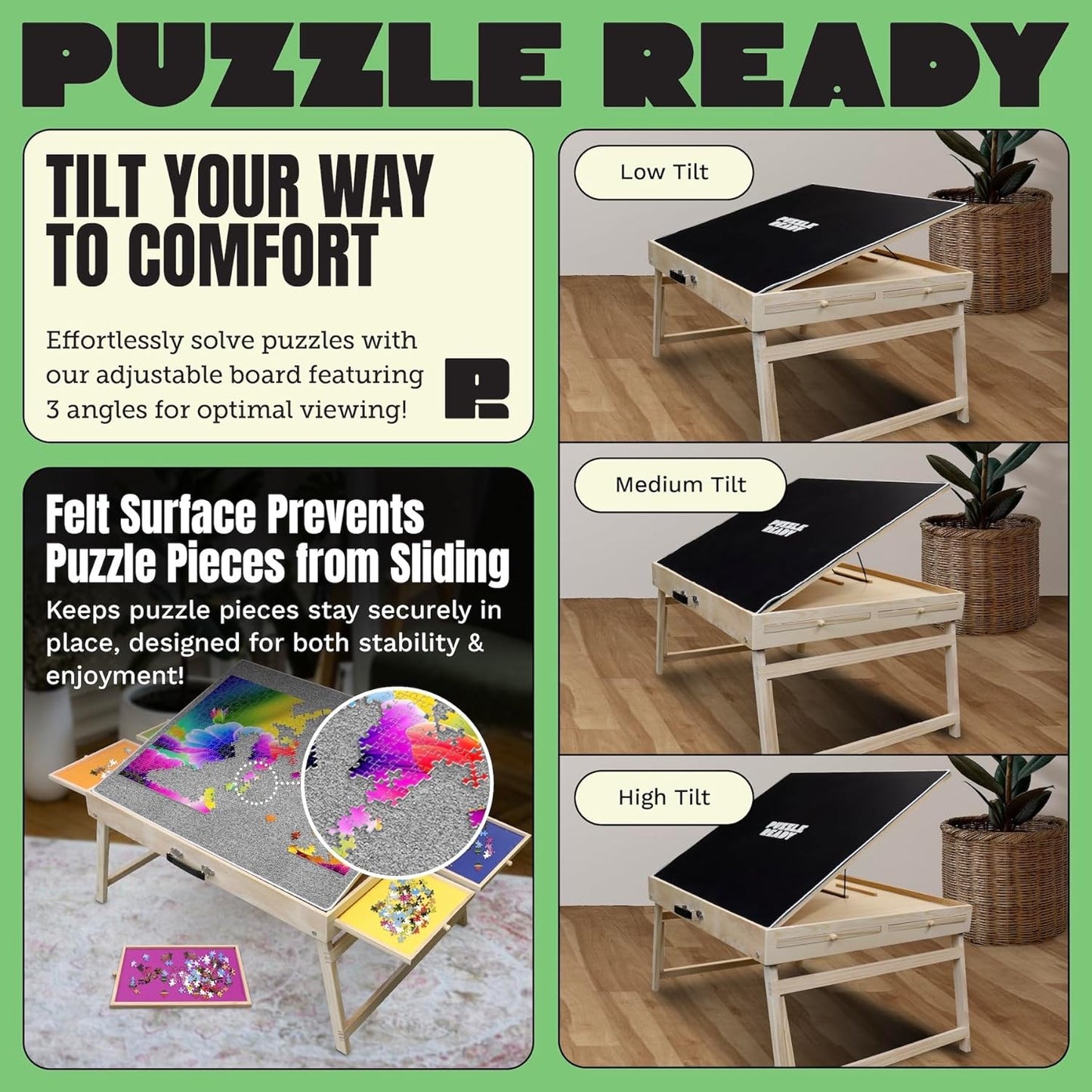 Puzzle Ready Puzzle Table with Drawers - 1500-Piece Wood, 27" x 36", Foldable & Portable - Jigsaw Puzzle Table & Organizer Design with 4 Color-Coded Trays, 3 Tilt Angles & Cover Mat