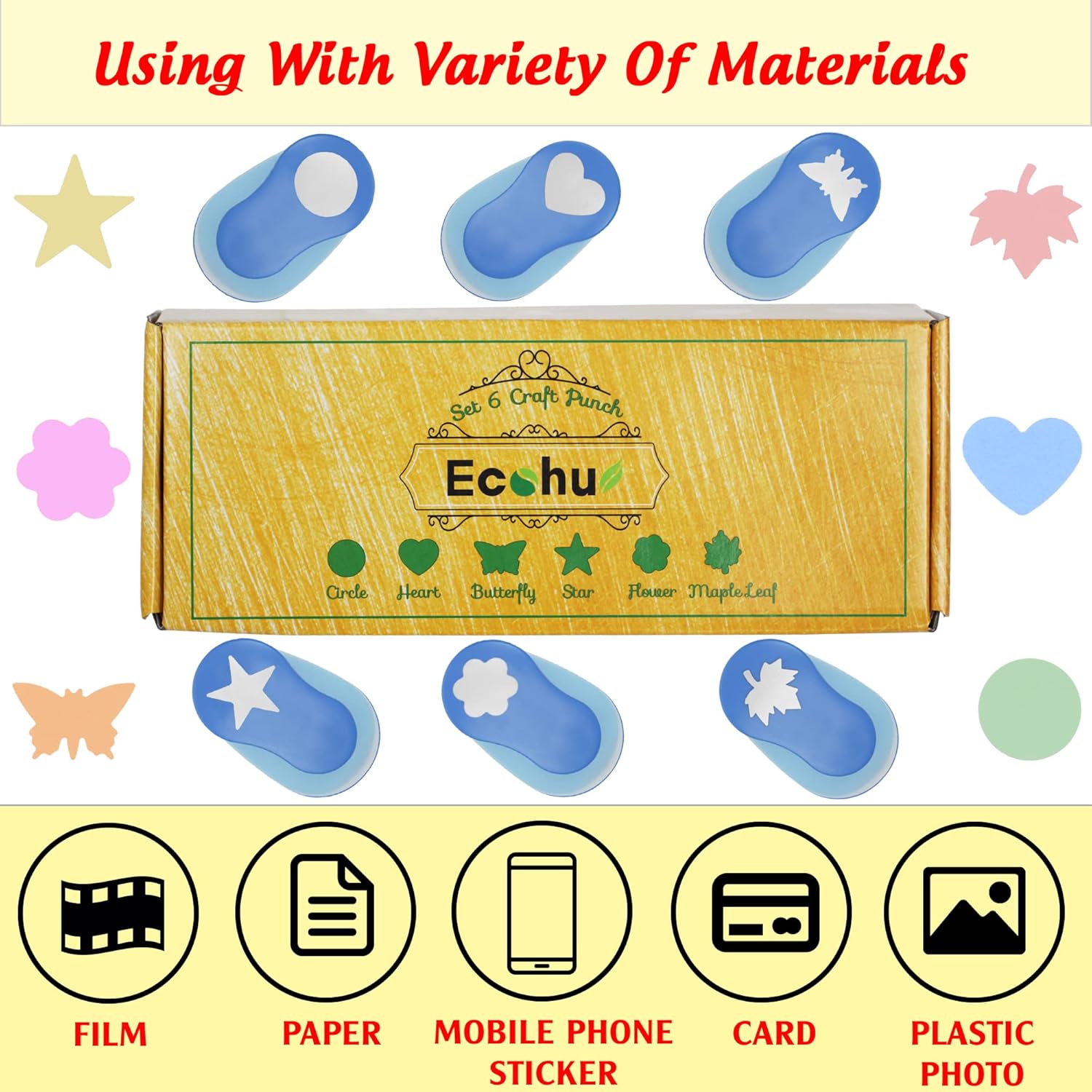 Set 6 Craft Hole Punch 1-inch, Craft Punchers - Heart, Circle, Star, Butterfly, Maple Leaf, Flower Paper Punch Sets for Crafting & DIY Projects. (Set 6) - Crafty Corner