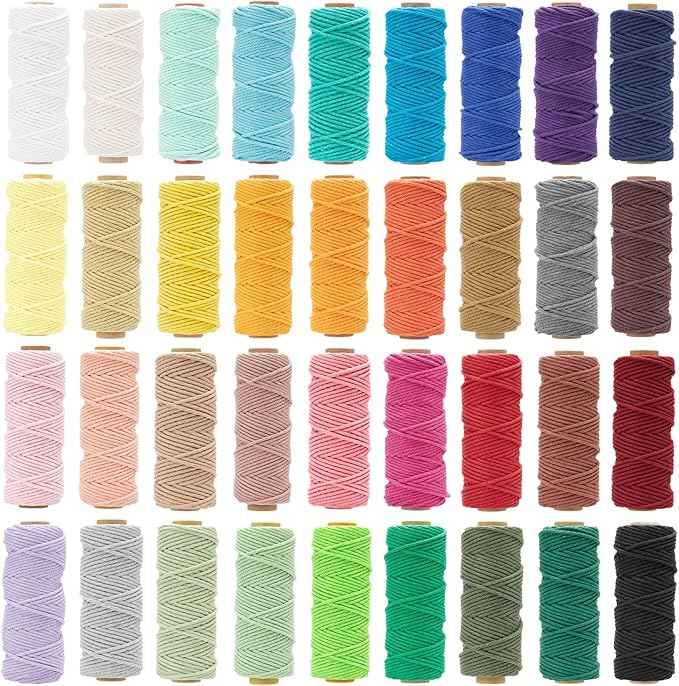 36 Colors Macrame Cord 3mm x 1188 Yards Natural Colored Macrame Supplies 4 Strand Twisted Macrame Kit Cotton Cord Rope Macrame Yarn Twine String for Crafts Wall Hanging Plant Hanger DIY Knitting