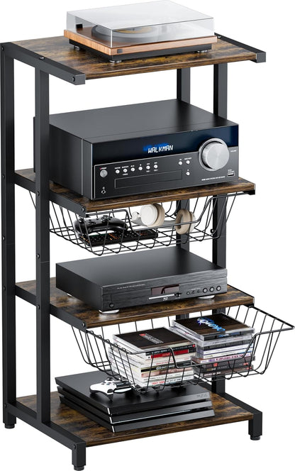 Media Stand with Two Detachable Baskets, 4-Tier AV Media Stand Corner Shelf for DVD Players/Cable Boxes/Games Consoles, Audio Storage Rack for Living Room, Gaming Room, Music Studio, Black