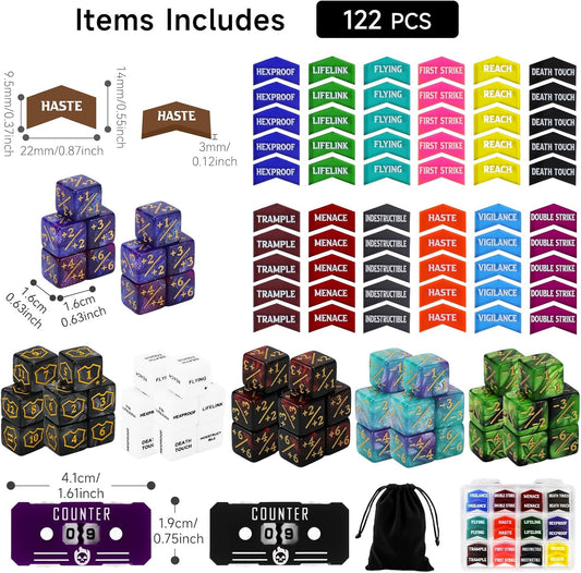 SIXPOINTS 122Pcs MTG Dice Counters Keyword Counters Life Counter 1/+1 counters Commander Buff Tokens 6 Sided Dice Set for Magic The Gathering, MTG, TCG, Card Games Accessories (B-122PCS/SET)