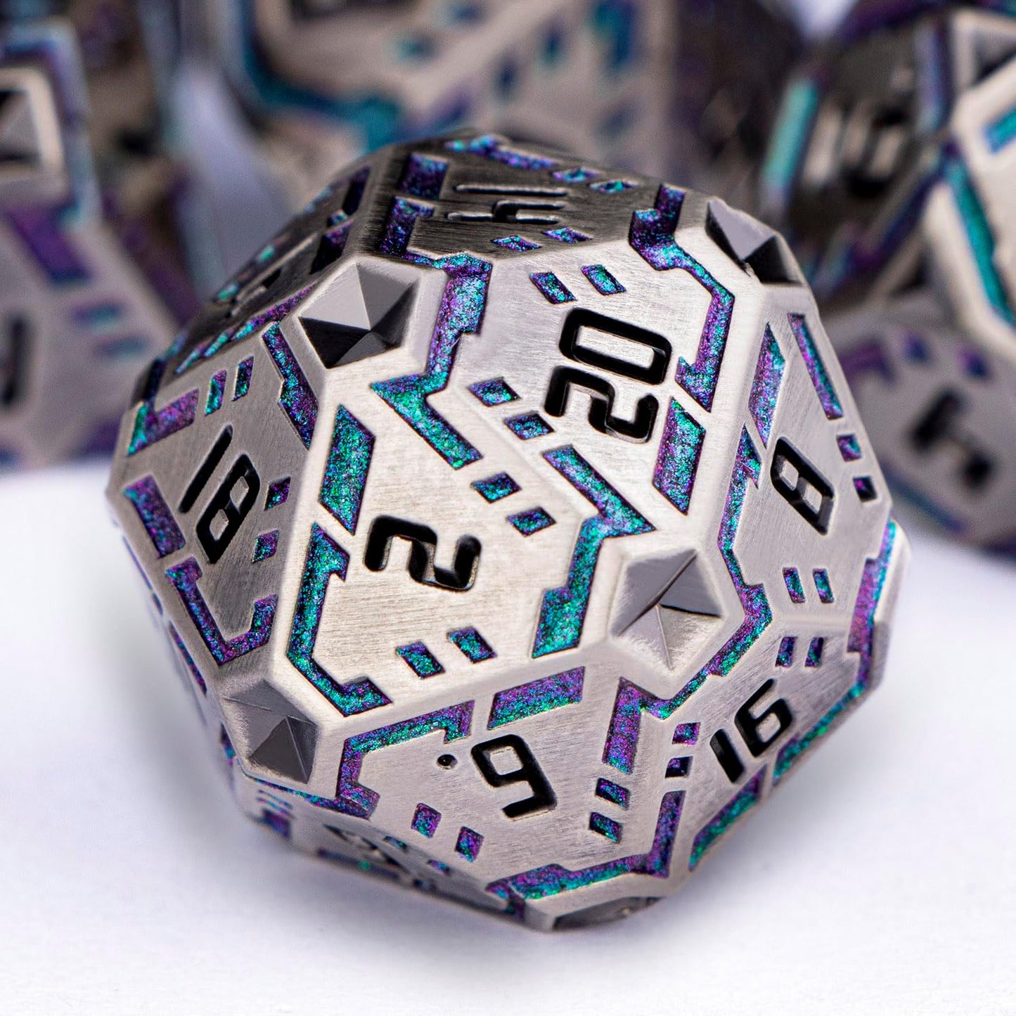 Metal DND Sci-fi Dice Set 7PCS Stripe Polyhedral Dice for Dungeons Dragons RPG Role Playing Game, Glitter D and D Dice with Gift Box D6 D8 D10 D12 D20 (Grey&Purple Green)