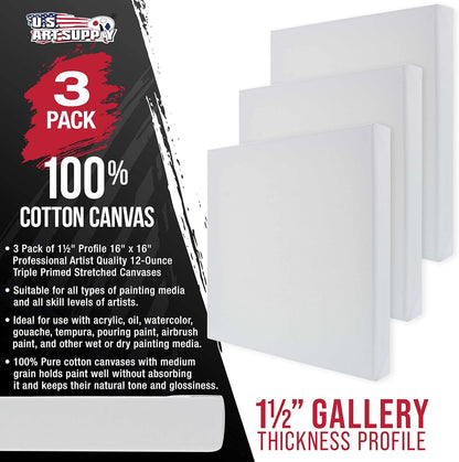 U.S. Art Supply Large Stretched Canvas for Painting 16x16 inch Gallery Depth 1-1/2" Thick, 3-Pack - 12oz Acrylic Gesso Triple Primed, Professional Artist Quality, 100% Cotton - Oil, Pouring Paint
