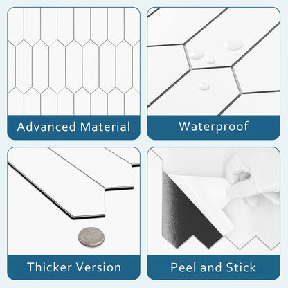 SUNWINGS Backsplash for Kitchen Peel and Stick, Stone Composite Self Adhesive Tiles Long Hexagon Mosaic Wall Tile, 12 Inch x 11.22 Inch 10 Sheets White