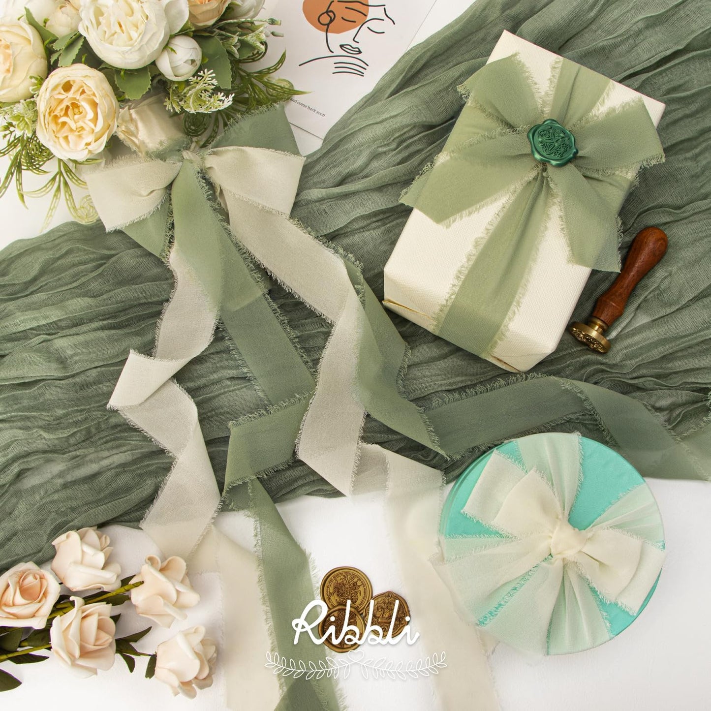 Ribbli Fall Ribbon 1.5 inch x 30 Yard Handmade Silk, Ivory/Dusty Sage/Terracotta Fringe Chiffon Ribbon for Wedding Invitations, Bridal Bouquets Wrapping, Flower Arrangement Decoration - Crafty Corner