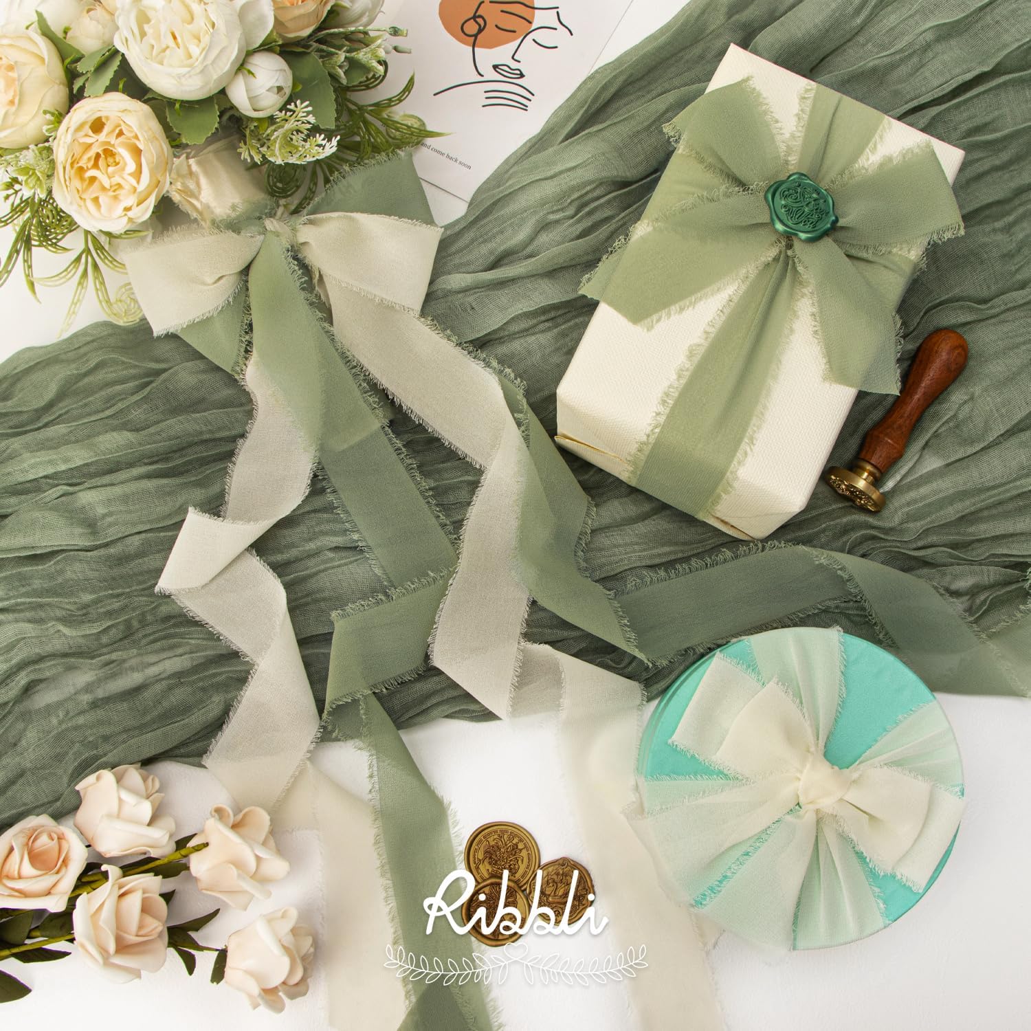 Ribbli Fall Ribbon 1.5 inch x 30 Yard Handmade Silk, Ivory/Dusty Sage/Terracotta Fringe Chiffon Ribbon for Wedding Invitations, Bridal Bouquets Wrapping, Flower Arrangement Decoration - Crafty Corner