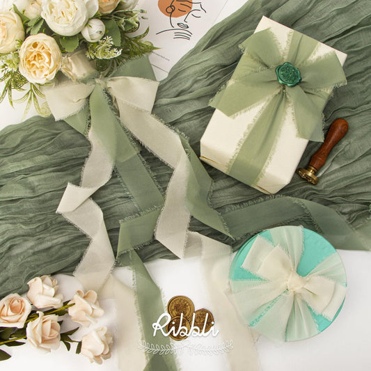 Ribbli Fall Ribbon 1.5 inch x 30 Yard Handmade Silk, Ivory/Dusty Sage/Terracotta Fringe Chiffon Ribbon for Wedding Invitations, Bridal Bouquets Wrapping, Flower Arrangement Decoration - Crafty Corner