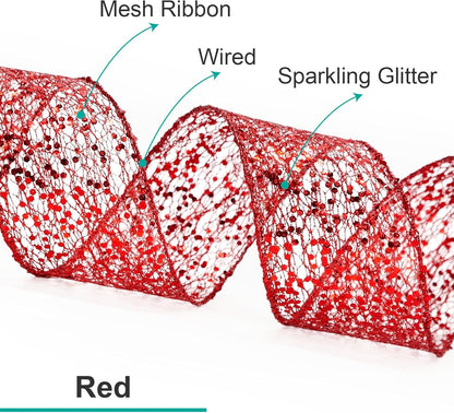 CT CRAFT LLC Sparkling Glitter Mesh Wired Ribbon 2.5" x 10 Yards Red for Christmas Home Decor Bow Gift Wrapping DIY Crafts Wreath - Crafty Corner