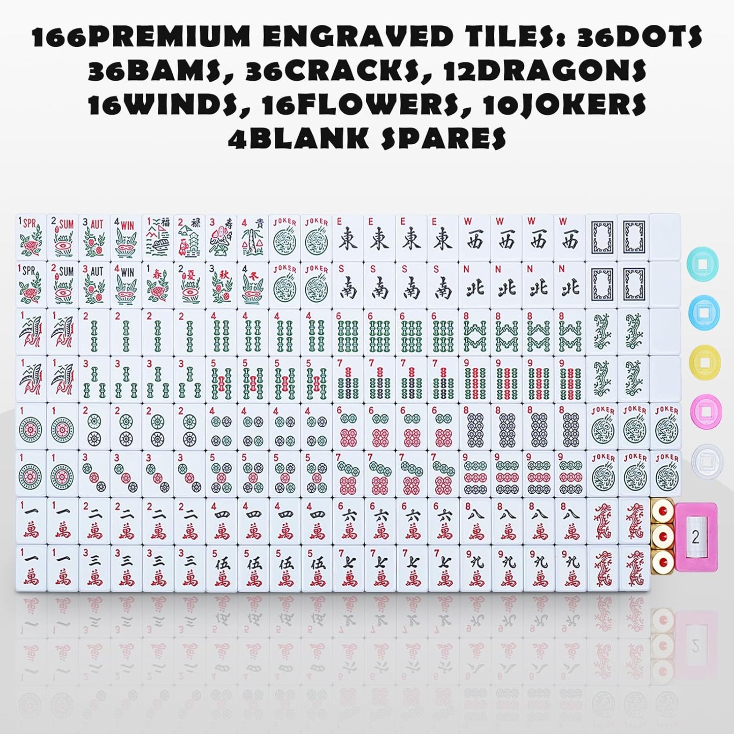 New American Mahjong Game Set, 166 Premium White Tiles with Portable Metal Dices, 4 All-in-One Racks with Pushers, Mah-Jong Games Sets, Ma Jong Tile Game (Red)