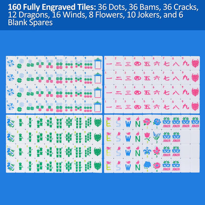 American Mahjong Tile Set with Carrying Bag and Accessories, 160 Acrylic Engraved Mahjong Tiles(Light Blue