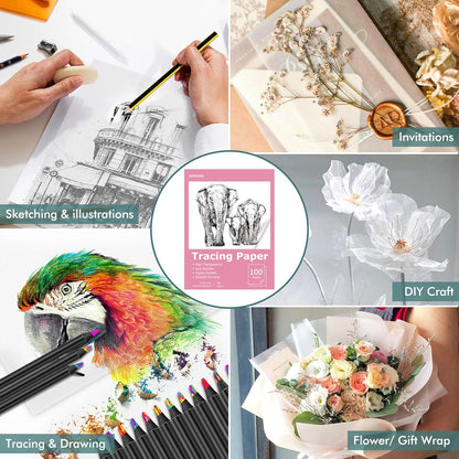 Tracing Paper 9x12 inch, 100 Sheets Transparent Vellum Paper for Tracing Pads, Translucent Tracing Paper for Pencil, Marker and Ink - Trace Images, Sketch, Preliminary Drawing, Overlays, Pink