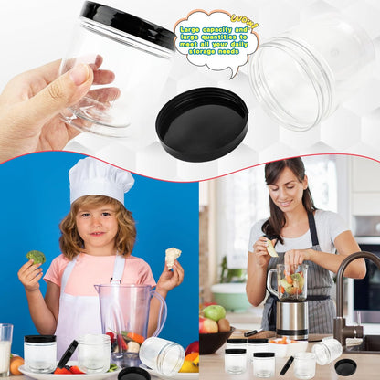 30 Pack 12oz Clear Plastic Jars with Black Lids Plastic Empty Storage Containers Refillable Round Clear Cosmetics Containers Clear Jars for Candy Kitchen Food Storage DIY Crafts Making