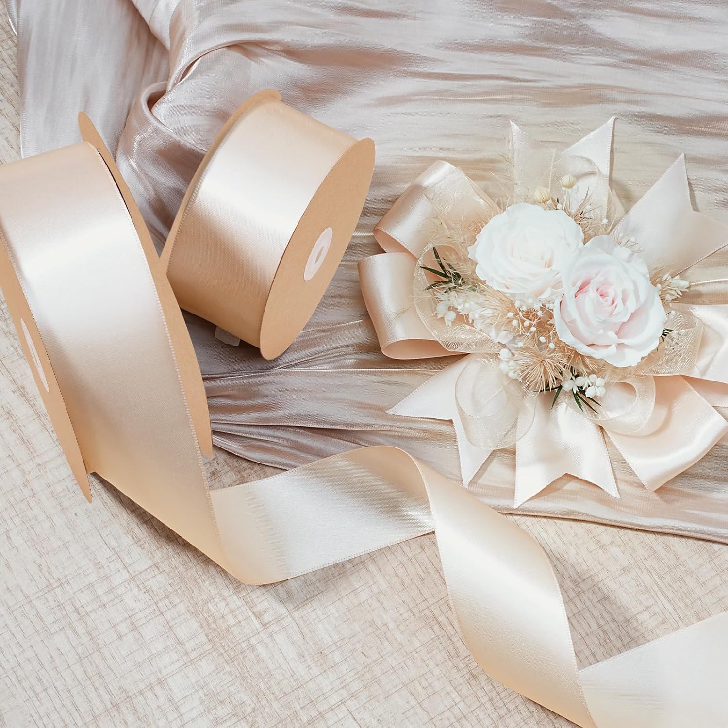 LaRibbons Nude Satin Ribbon 1 1/2 Inch 50 Yards Luxury Double Faced Ivory Silk Ribbon for Flower Bouquet Crafts Gift Wrapping Wedding Bow Christmas Decoration - Crafty Corner