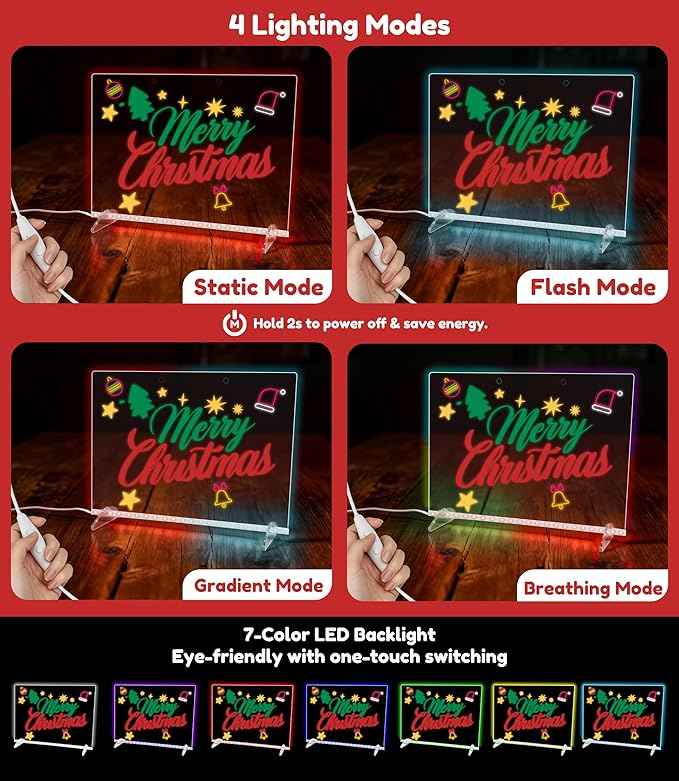 Led Note Board with 7 Colors: 13.7"X10" 4 Modes and 8 Piece Set Acrylic Dry Erase DIY Night Light Message Writing Led Drawing Boards for Kids Christmas Birthday Gifts for Girls Boys Home Decor Office