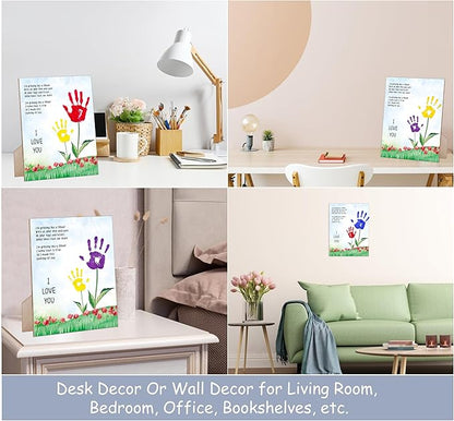 Family Handprint Kit, Flower Handprint Keepsake Wooden Sign with Stand and Hook - 9x12 Inch, Mothers Day DIY Crafts, Birthday Mother's Day Gift for Mom, Gifts for Grandma