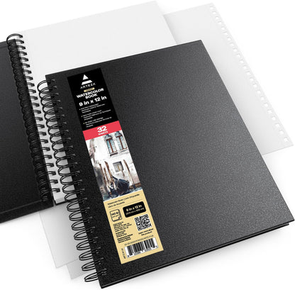 ARTEZA Watercolor Sketchbook 2-Pack, 64 Pages Each, 9x12 Inches – Spiral-Bound, 140 lb Cold Press Paper, Black Hardcover for Watercolor & Mixed Media - Crafty Corner