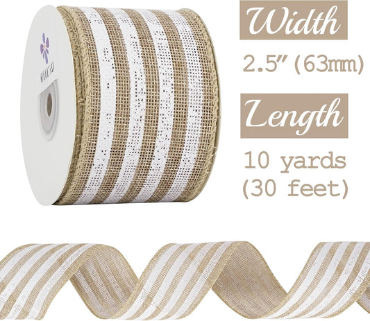 MEEDEE Burlap Wired Ribbon with White Stripe - 2.5 Inch Wired Ribbon for Cakes, Gift Baskets, Wreaths, Rustic Decor, Baby Showers, Beach, Farmhouse, 10 Yards - Crafty Corner