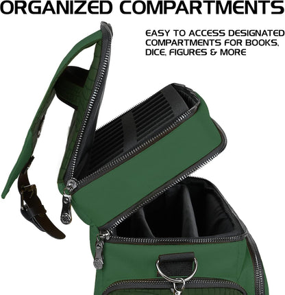 ENHANCE Collector's Edition RPG Adventurer's DnD Bag - Dragon Hide Exterior Travel RPG Bag with Tabletop Miniatures Storage Vault, Mat Holder, DnD Dice & Token Pockets, Fits 4-8 Books (Dragon Green)