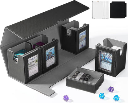 Card Deck Box for MTG with Commander Display, 5 in 1 Card Deck Case Holds 800+ Unsleeved Cards, Strong Magnet Organizer Compatible with Yugioh TCG Sports Cards (Black&Grey)