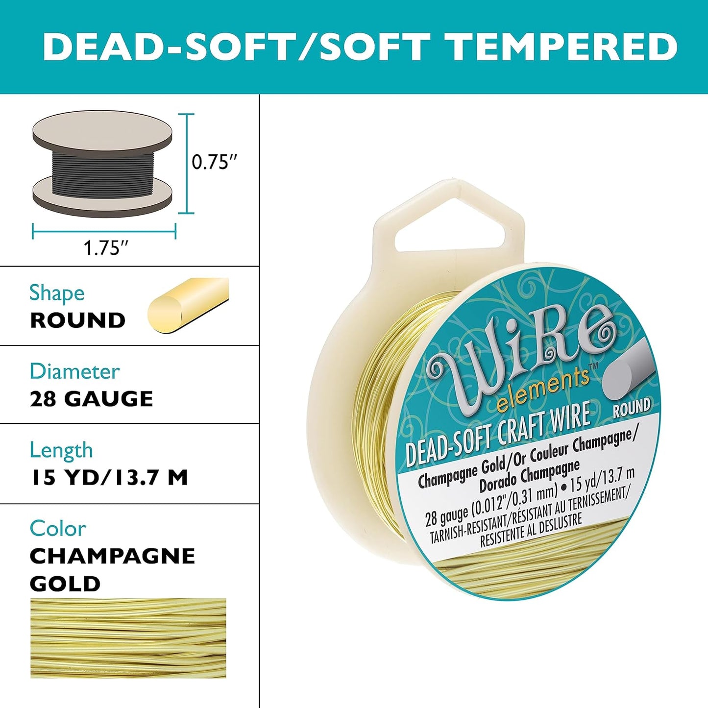 The Beadsmith Wire Elements Craft Wire – Tarnish Resistant, Soft Temper, Round, Champagne Gold Color – 0.32mm, 28 Gauge, 15 Yard Spool – Jewelry Making, Wire Wrapping, Floral, & Other DIY Crafts