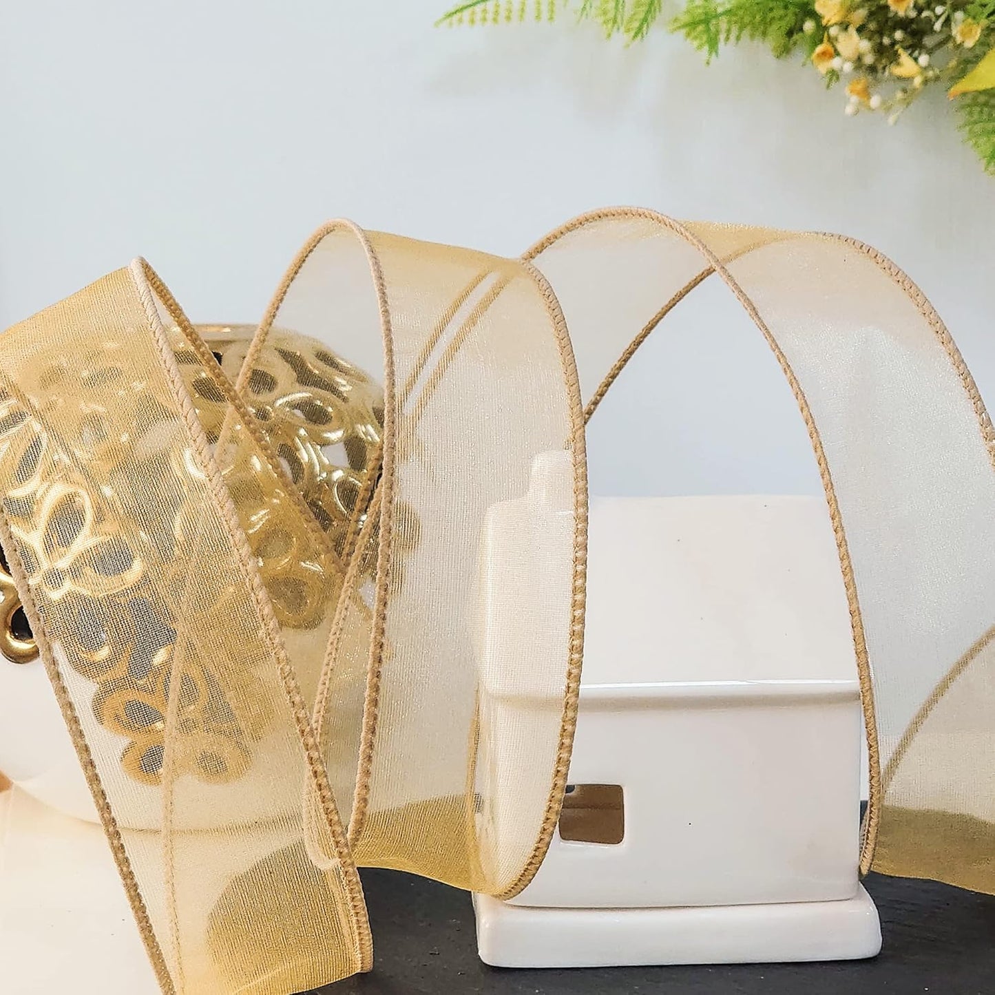CT CRAFT LLC Sheer Organza Wired Ribbon 1.5" x 50Yards Tan (Gold) for Wedding Chair Bow Flora Bouquet Gift Wrapping Christmas Tree Home Decor Wreath - Crafty Corner