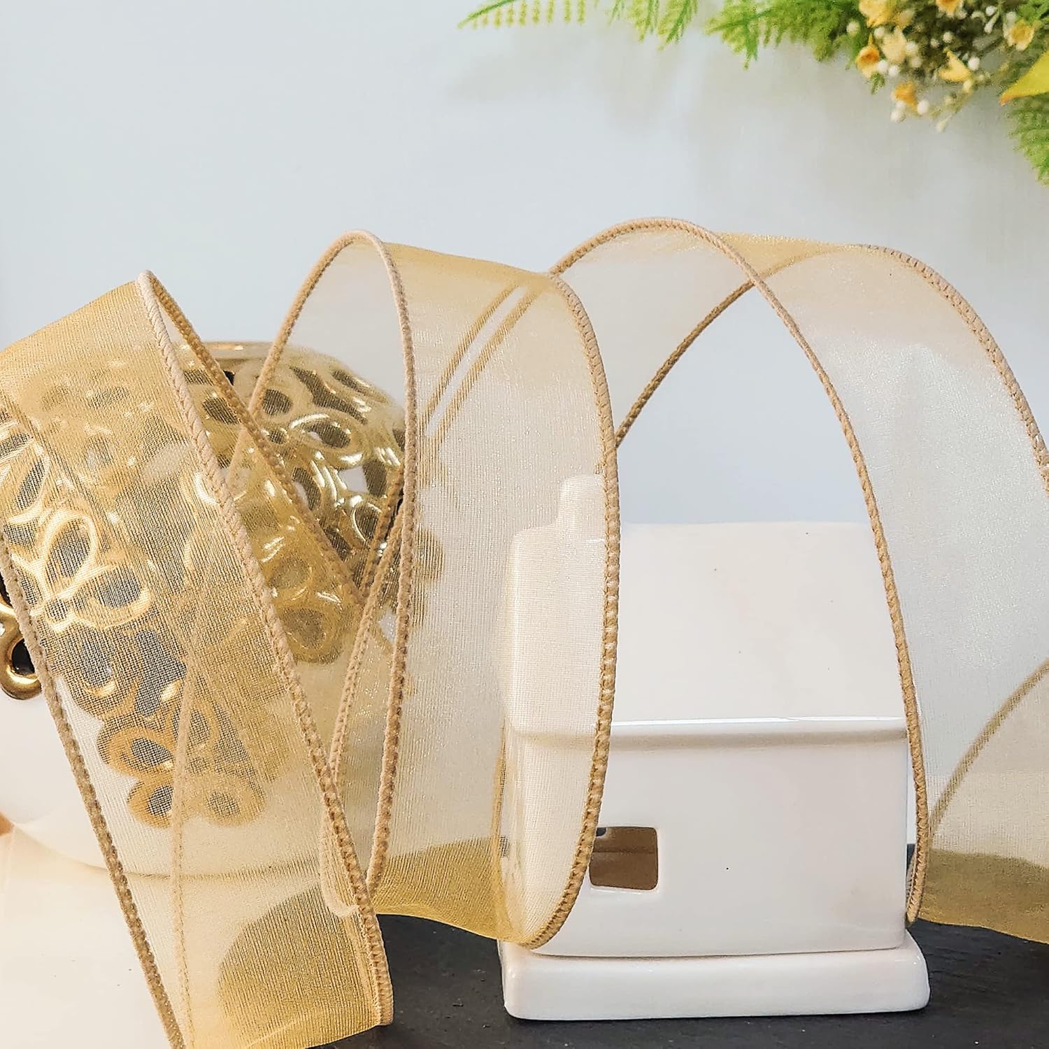 CT CRAFT LLC Sheer Organza Wired Ribbon 1.5" x 50Yards Tan (Gold) for Wedding Chair Bow Flora Bouquet Gift Wrapping Christmas Tree Home Decor Wreath - Crafty Corner