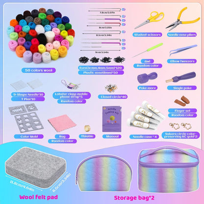 Mayboos Needle Felting Kit, 50 Colors Wool Roving Set, Needle Felting Starter Kit for Beginners with Wool Felting Tool Mat Needle Felting Supplies for DIY Crafts Home Decoration
