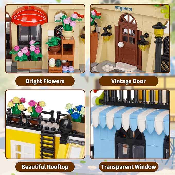 City Hotel Building Block Set, Modular Architecture Flowers City Street View House Model Building Kit 1464 PCS