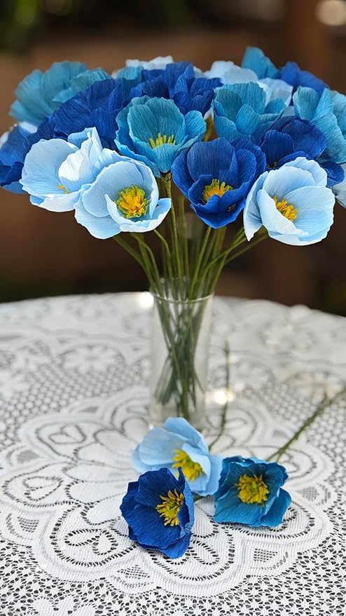 Blue Crepe Paper Poppy Flower DIY Making Kit 24 pcs Easy-to-Make Handcraft Supplies for Beginners & Artisans