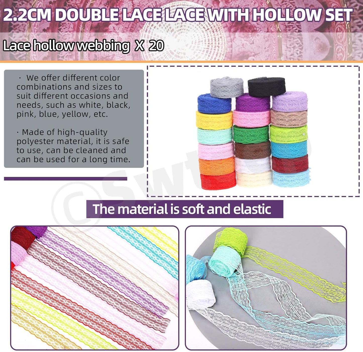 Swpeet 20 Rolls in Total 200 Yards 2.2cm×10 Yards Colorful Lace Ribbon Unilateral Floral Pattern Fabric Lace Ribbon, Lace Trim Ribbon Crafting Lace for Wedding Decorating, Sewing Gift Wrapping - Crafty Corner