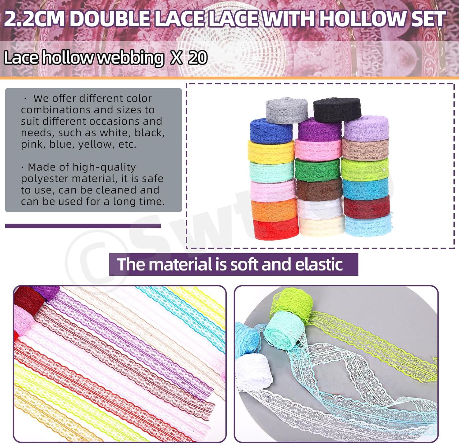 Swpeet 20 Rolls in Total 200 Yards 2.2cm×10 Yards Colorful Lace Ribbon Unilateral Floral Pattern Fabric Lace Ribbon, Lace Trim Ribbon Crafting Lace for Wedding Decorating, Sewing Gift Wrapping - Crafty Corner