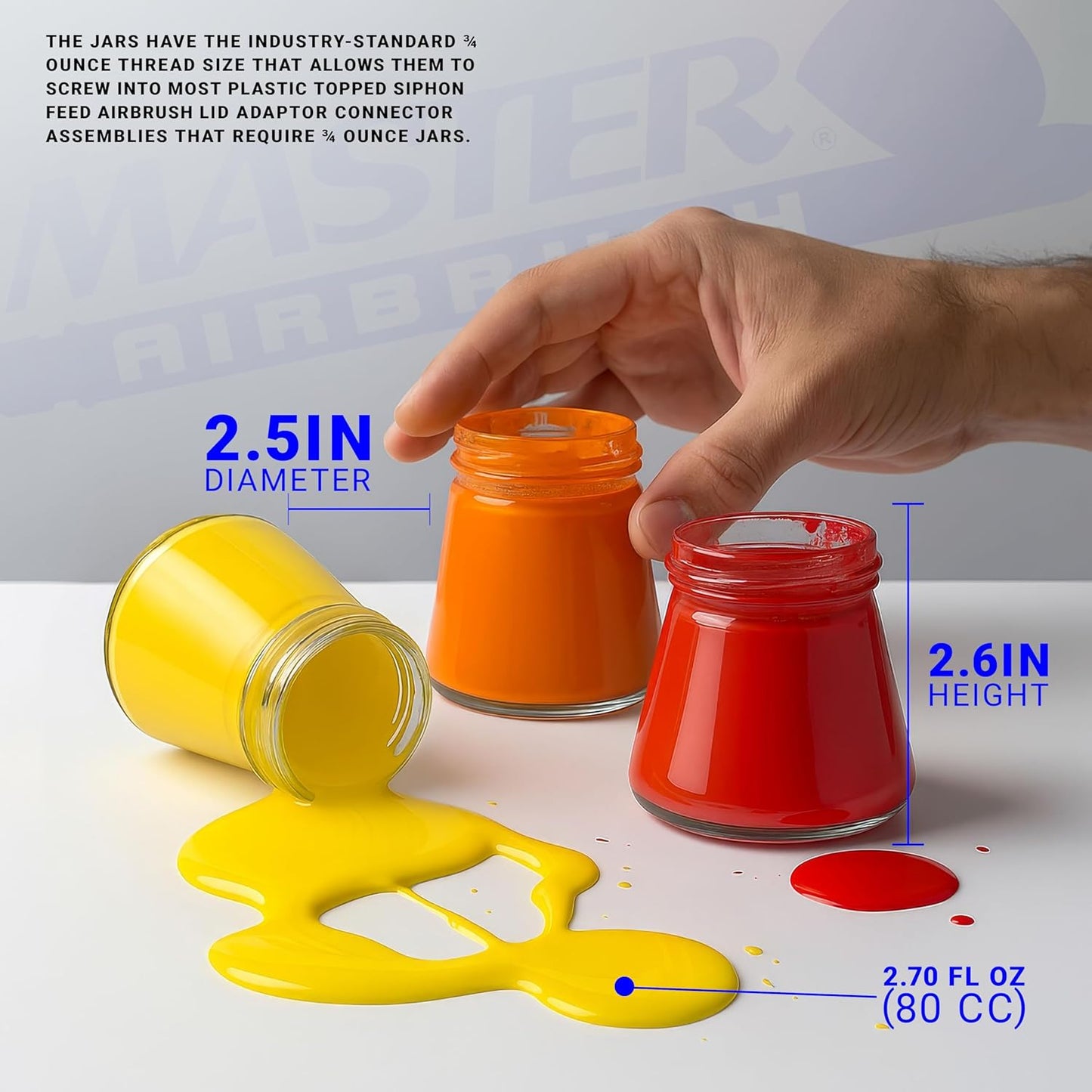 Master Airbrush (Pack of 10) TB-004 Empty 2.7-Ounce (80cc) Glass Jar Bottles with 60° Down Angle Adaptor Lid Assembly - Fits Single-Action Siphon Feed Airbrushes, Use with Master Badger Paasche, Iwata