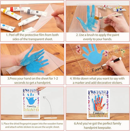 OurWarm Family Handprint Kit for 4, DIY Baby Handprint Set Keepsake Gifts with 50 PC Stickers & 12 Paints, Baby Footprint Kit Wooden Frame for New Parents Anniversary Newborn Adoption Day Gifts