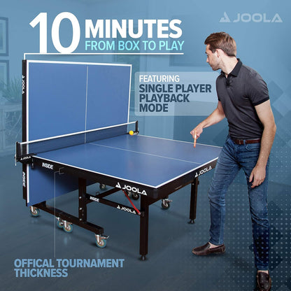 JOOLA Inside Professional MDF Indoor Ping Pong Table with Quick Clamp Table Tennis Net and Post Set - 10 Minute Easy Assembly - Tournament Quality - Foldable with Single Player Playback Mode