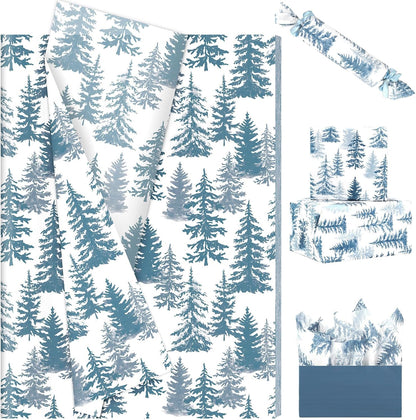 100 Sheets Christmas Tree Tissue Paper, 20x14in Forest Style Wrapping Tissue Watercolor Xmas Tree Art Tissue for Xmas Party Gift Bag Fillers Winter Party Decor (Blue)
