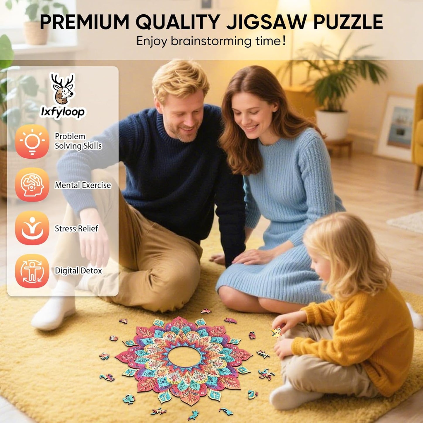 Wooden Puzzles for Adults, Hollow Mandala Wooden Jigsaw Puzzles 200 Pieces, Unique Design Adult Puzzles, Family Brain Game Gift, 11.2x11.3 inch