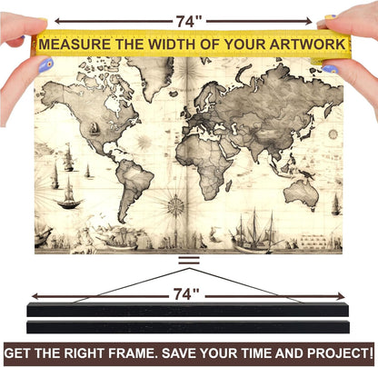 DACRI HOME 74" Magnetic Poster Hanger Frame - Sturdy Teak Wood Poster Frame, Strong Magnets for Safe Hanging Map Picture Print Scroll Wall Art 74x26 74x36 74x48 (74 Inch, Black)