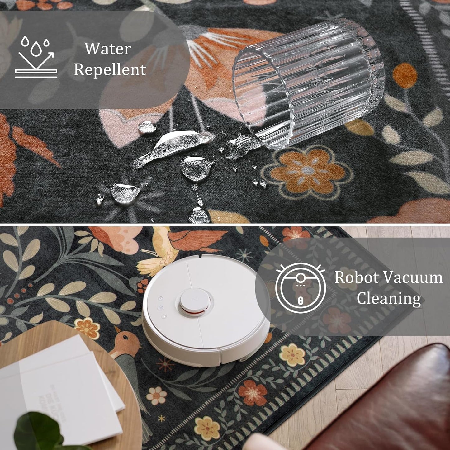 Morebes Washable 8x10 Area Rugs for Living Room Non Slip, Boho Botanical Soft Birds Bug Moody Rugs for Bedroom, Ultra-Thin Floral Flower Throw Carpet for Classroom Home Office Dorm Room, Black/Multi