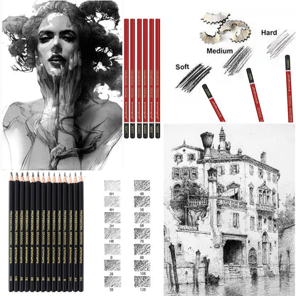 Heshengping Drawing Pencils Sketch Pencil Art Supplies Set for Kids Adults beginners Professional Sketching Art Graphite Charcoal Blending Stump Pencils kit