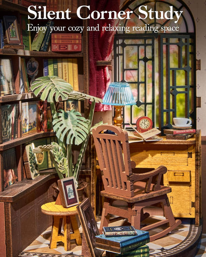 ROBOTIME Book Nook Kit, DIY Miniature House Kit, 3D Wooden Puzzle Bookends,Bookshelf Decor, Simple Assembly Dollhouse Kit, Creative Unique Gifts for Adults/Teens/Beginner (Silent Corner Study)