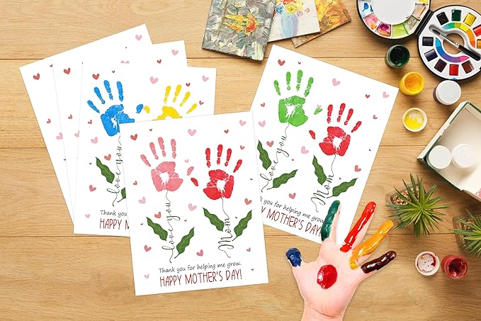 rorusio Flower Handprint Keepsake Card Making Kit- Thank You for Helping Me Grow, 10 Funny Personalized Mothers Day Cards Bulk for Mom from Daughter or Son, Mothers Day Gifts for Wife