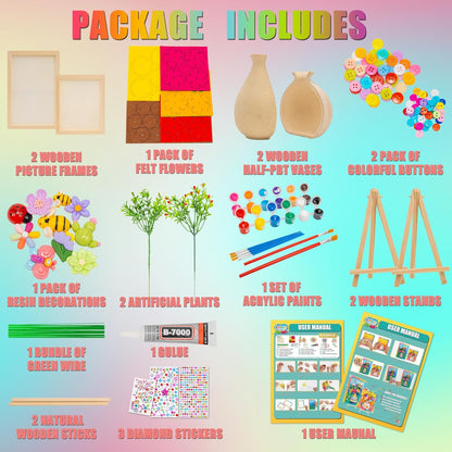 Crafts Gift for Girls, DIY 3D Felt Flowers Wooden Vase Picture Frame Painting Kit, Arts and Crafts Project for Kids Age 6 7 8 9 10 11 12 Years Old (Felt Flowers)