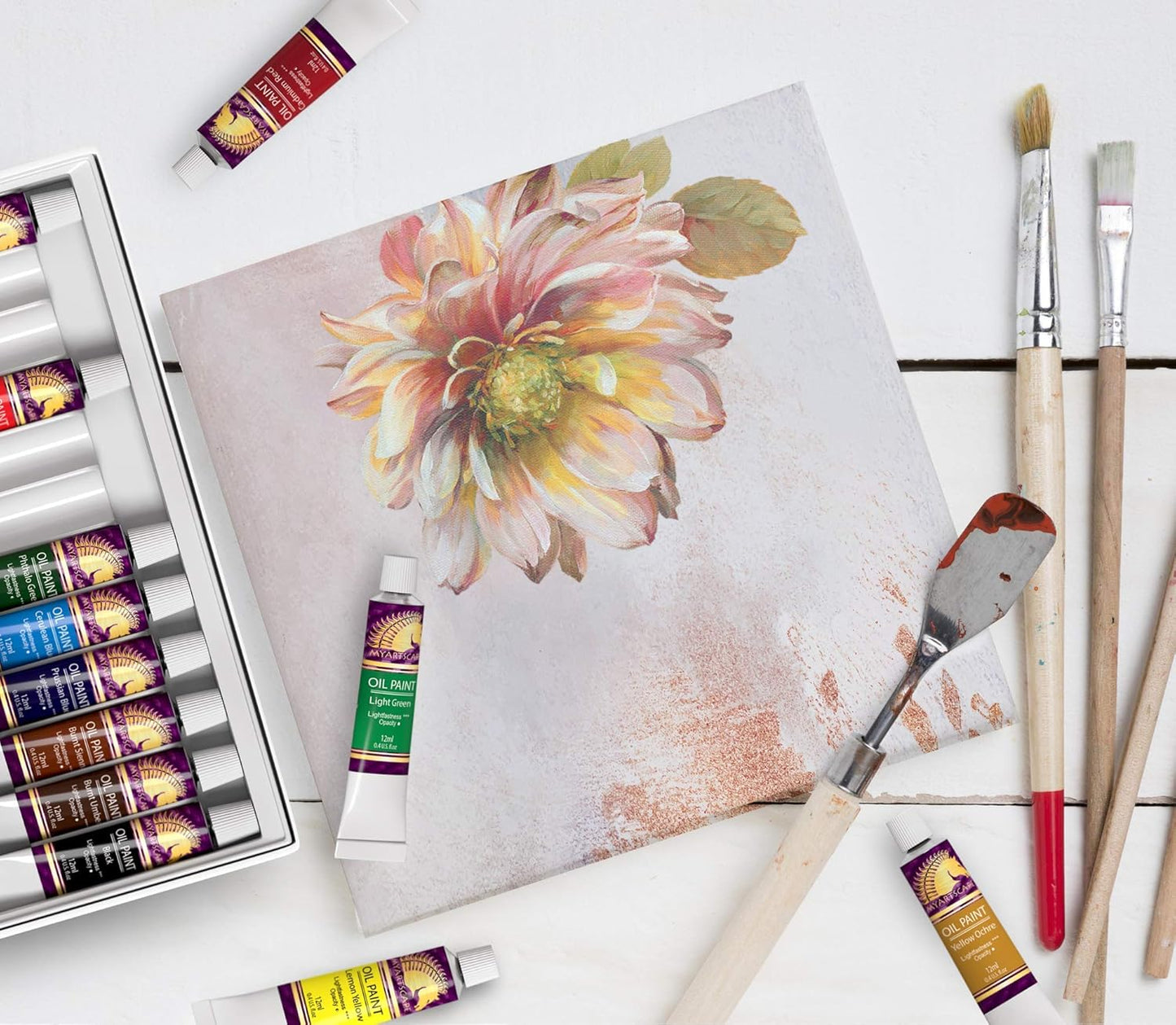 MyArtscape Oil Paint Set - 12 x 12ml Tubes - Lightfast - Heavy Body - Oil-based Vibrant Colors - High Pigment Load - Non-fading - Artist Quality Painting Supplies - Professional Craft Paints